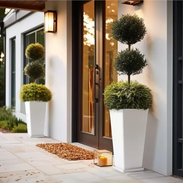 LA JOLIE MUSE 26 inch Tall Planters for Outdoor Plants,Set of 2 Tapered Planters with Trays,Iron Plastic Rectangular Tall Planters for Front Door, Patio and Deck