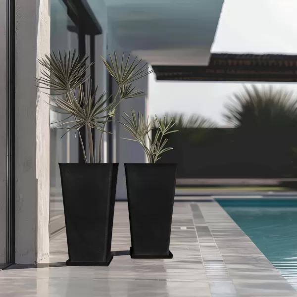 LA JOLIE MUSE 26 inch Tall Planters for Outdoor Plants,Set of 2 Tapered Planters with Trays,Iron Plastic Rectangular Tall Planters for Front Door, Patio and Deck
