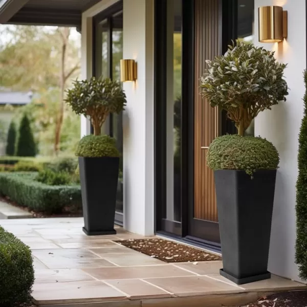 LA JOLIE MUSE 26 inch Tall Planters for Outdoor Plants,Set of 2 Tapered Planters with Trays,Iron Plastic Rectangular Tall Planters for Front Door, Patio and Deck