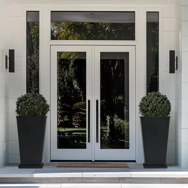 LA JOLIE MUSE 26 inch Tall Planters for Outdoor Plants,Set of 2 Tapered Planters with Trays,Iron Plastic Rectangular Tall Planters for Front Door, Patio and Deck
