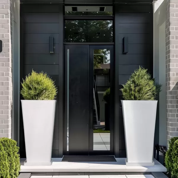 LA JOLIE MUSE 26 inch Tall Planters for Outdoor Plants,Set of 2 Tapered Planters with Trays,Iron Plastic Rectangular Tall Planters for Front Door, Patio and Deck