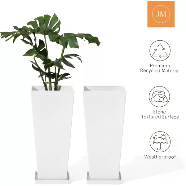 LA JOLIE MUSE 26 inch Tall Planters for Outdoor Plants,Set of 2 Tapered Planters with Trays,Iron Plastic Rectangular Tall Planters for Front Door, Patio and Deck