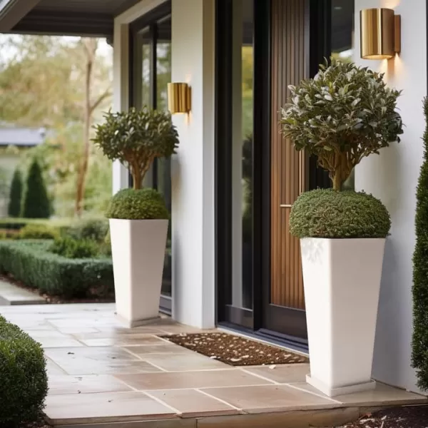 LA JOLIE MUSE 26 inch Tall Planters for Outdoor Plants,Set of 2 Tapered Planters with Trays,Iron Plastic Rectangular Tall Planters for Front Door, Patio and Deck