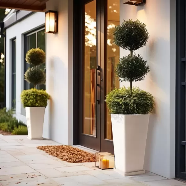 LA JOLIE MUSE 26 inch Tall Planters for Outdoor Plants,Set of 2 Tapered Planters with Trays,Iron Plastic Rectangular Tall Planters for Front Door, Patio and Deck