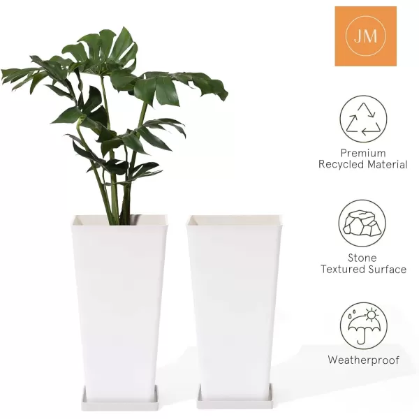 LA JOLIE MUSE 26 inch Tall Planters for Outdoor Plants,Set of 2 Tapered Planters with Trays,Iron Plastic Rectangular Tall Planters for Front Door, Patio and Deck