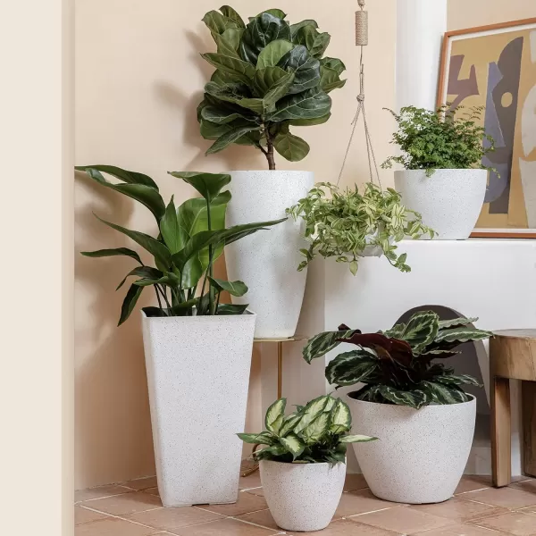 LA JOLIE MUSE 26 inch Tall Planters for Outdoor Plants,Set of 2 Tapered Planters with Trays,Iron Plastic Rectangular Tall Planters for Front Door, Patio and Deck