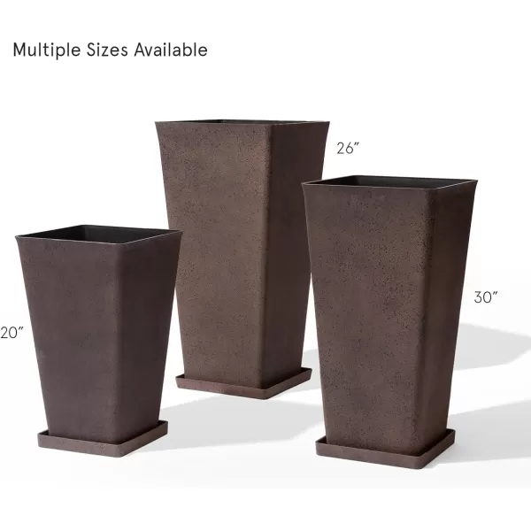 LA JOLIE MUSE 26 inch Tall Planters for Outdoor Plants,Set of 2 Tapered Planters with Trays,Iron Plastic Rectangular Tall Planters for Front Door, Patio and Deck
