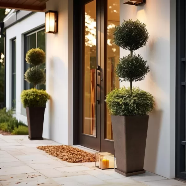 LA JOLIE MUSE 26 inch Tall Planters for Outdoor Plants,Set of 2 Tapered Planters with Trays,Iron Plastic Rectangular Tall Planters for Front Door, Patio and Deck