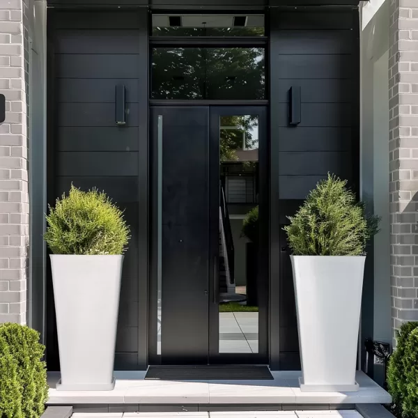 LA JOLIE MUSE 26 inch Tall Planters for Outdoor Plants,Set of 2 Tapered Planters with Trays,Iron Plastic Rectangular Tall Planters for Front Door, Patio and Deck