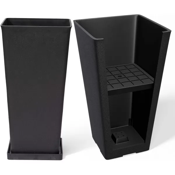 LA JOLIE MUSE 26 inch Tall Planters for Outdoor Plants,Set of 2 Tapered Planters with Trays,Iron Plastic Rectangular Tall Planters for Front Door, Patio and Deck