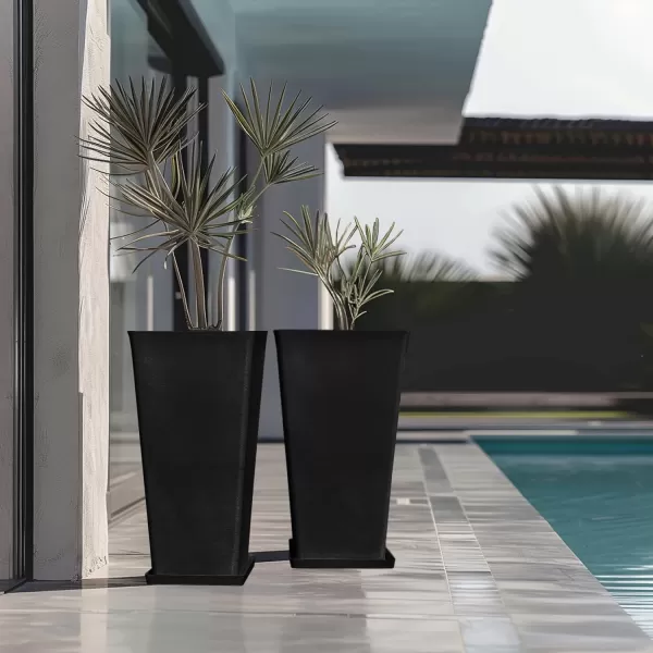 LA JOLIE MUSE 26 inch Tall Planters for Outdoor Plants,Set of 2 Tapered Planters with Trays,Iron Plastic Rectangular Tall Planters for Front Door, Patio and Deck