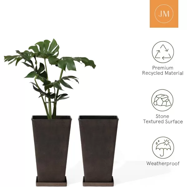 LA JOLIE MUSE 26 inch Tall Planters for Outdoor Plants,Set of 2 Tapered Planters with Trays,Iron Plastic Rectangular Tall Planters for Front Door, Patio and Deck