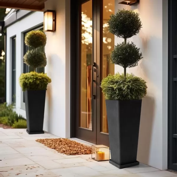 LA JOLIE MUSE 26 inch Tall Planters for Outdoor Plants,Set of 2 Tapered Planters with Trays,Iron Plastic Rectangular Tall Planters for Front Door, Patio and Deck
