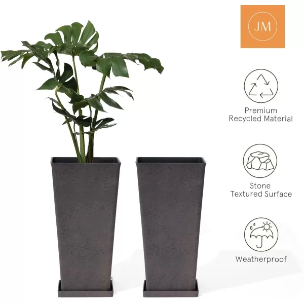 LA JOLIE MUSE 26 inch Tall Planters for Outdoor Plants,Set of 2 Tapered Planters with Trays,Iron Plastic Rectangular Tall Planters for Front Door, Patio and Deck