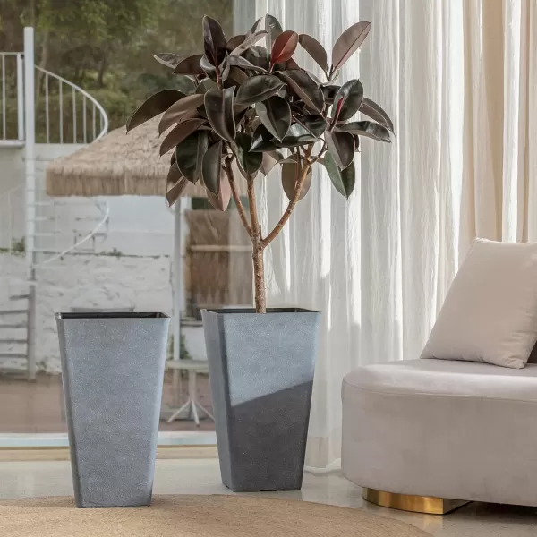LA JOLIE MUSE 26 inch Tall Planters for Outdoor Plants,Set of 2 Tapered Planters with Trays,Iron Plastic Rectangular Tall Planters for Front Door, Patio and Deck