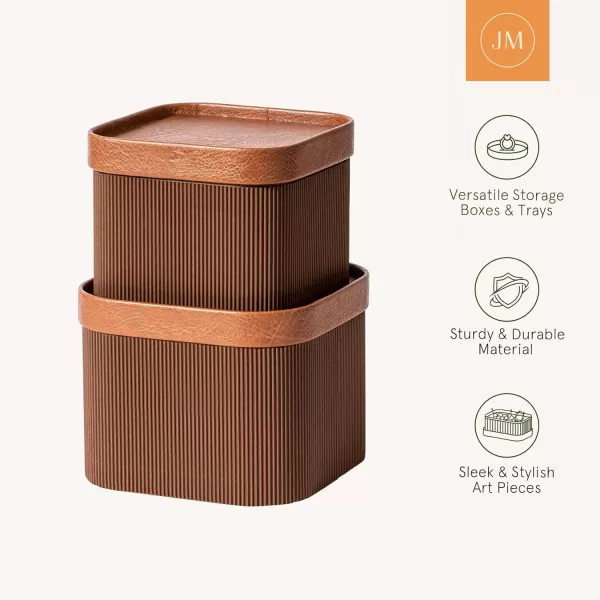 LA JOLIE MUSE Fluted Cardboard Storage Baskets with Leather-Like Lids, Paper Boxes Decorative Tray, Basket Organizer Bins for Jewelry Shelve Bathroom Bedroom Organizing, Beige, Set of 2