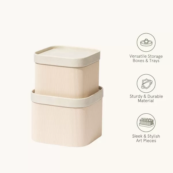 LA JOLIE MUSE Fluted Cardboard Storage Baskets with Leather-Like Lids, Paper Boxes Decorative Tray, Basket Organizer Bins for Jewelry Shelve Bathroom Bedroom Organizing, Beige, Set of 2