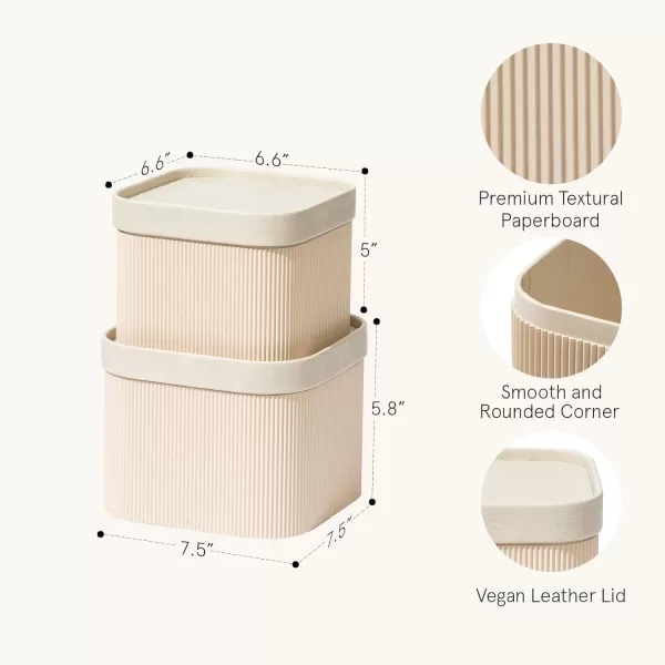 LA JOLIE MUSE Fluted Cardboard Storage Baskets with Leather-Like Lids, Paper Boxes Decorative Tray, Basket Organizer Bins for Jewelry Shelve Bathroom Bedroom Organizing, Beige, Set of 2