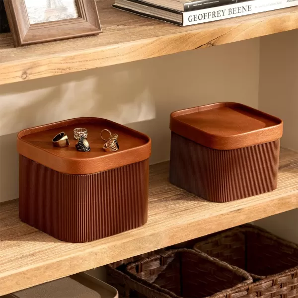 LA JOLIE MUSE Fluted Cardboard Storage Baskets with Leather-Like Lids, Paper Boxes Decorative Tray, Basket Organizer Bins for Jewelry Shelve Bathroom Bedroom Organizing, Beige, Set of 2
