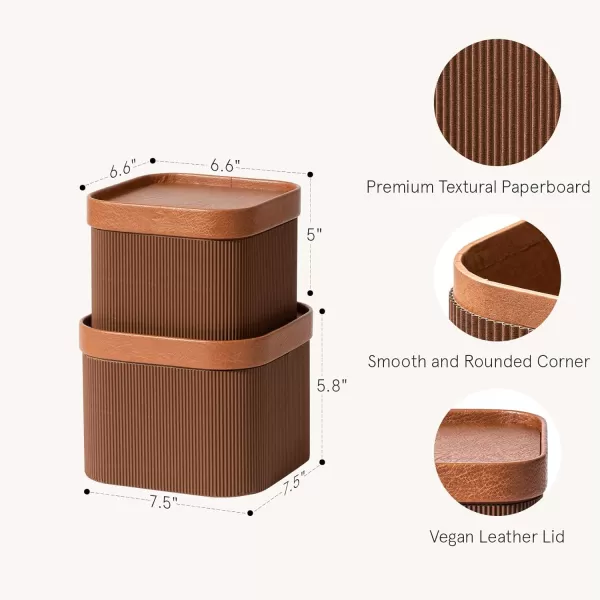 LA JOLIE MUSE Fluted Cardboard Storage Baskets with Leather-Like Lids, Paper Boxes Decorative Tray, Basket Organizer Bins for Jewelry Shelve Bathroom Bedroom Organizing, Beige, Set of 2