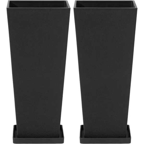 LA JOLIE MUSE 26 inch Tall Planters for Outdoor Plants,Set of 2 Tapered Planters with Trays,Iron Plastic Rectangular Tall Planters for Front Door, Patio and Deck