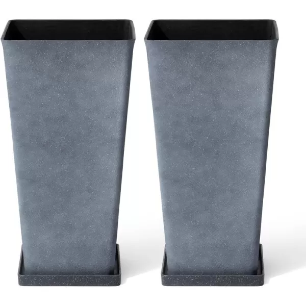 LA JOLIE MUSE 26 inch Tall Planters for Outdoor Plants,Set of 2 Tapered Planters with Trays,Iron Plastic Rectangular Tall Planters for Front Door, Patio and Deck