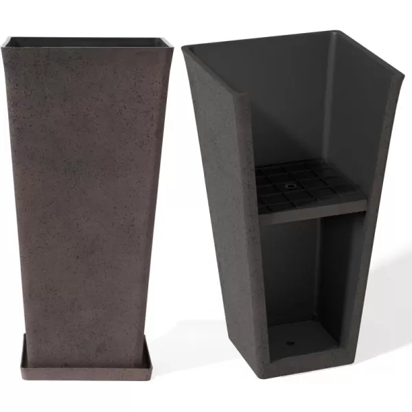 LA JOLIE MUSE 26 inch Tall Planters for Outdoor Plants,Set of 2 Tapered Planters with Trays,Iron Plastic Rectangular Tall Planters for Front Door, Patio and Deck