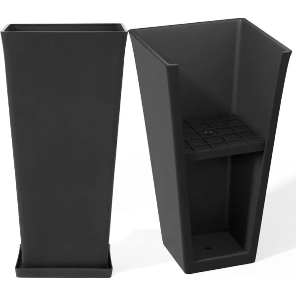 LA JOLIE MUSE 26 inch Tall Planters for Outdoor Plants,Set of 2 Tapered Planters with Trays,Iron Plastic Rectangular Tall Planters for Front Door, Patio and Deck