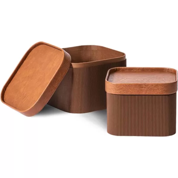 LA JOLIE MUSE Fluted Cardboard Storage Baskets with Leather-Like Lids, Paper Boxes Decorative Tray, Basket Organizer Bins for Jewelry Shelve Bathroom Bedroom Organizing, Beige, Set of 2