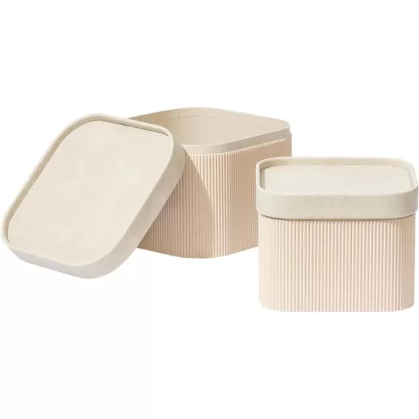 LA JOLIE MUSE Fluted Cardboard Storage Baskets with Leather-Like Lids, Paper Boxes Decorative Tray, Basket Organizer Bins for Jewelry Shelve Bathroom Bedroom Organizing, Beige, Set of 2