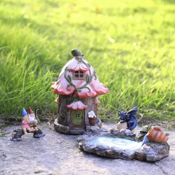 LA JOLIE MUSE Resin Fairy Garden - Miniature Floral Roof Cottage with Solar LED Lights, Fairy House Figurine Set of 3 with Carriage, Outdoor Decor for Patio Yard Lawn, for Mom