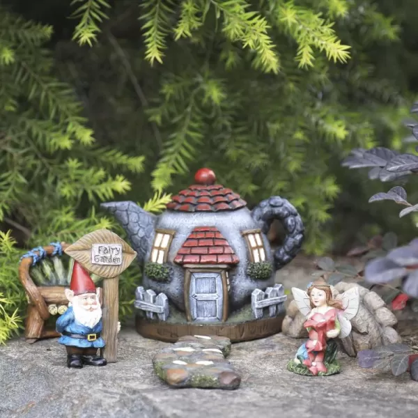 LA JOLIE MUSE Resin Fairy Garden - Miniature Floral Roof Cottage with Solar LED Lights, Fairy House Figurine Set of 3 with Carriage, Outdoor Decor for Patio Yard Lawn, for Mom