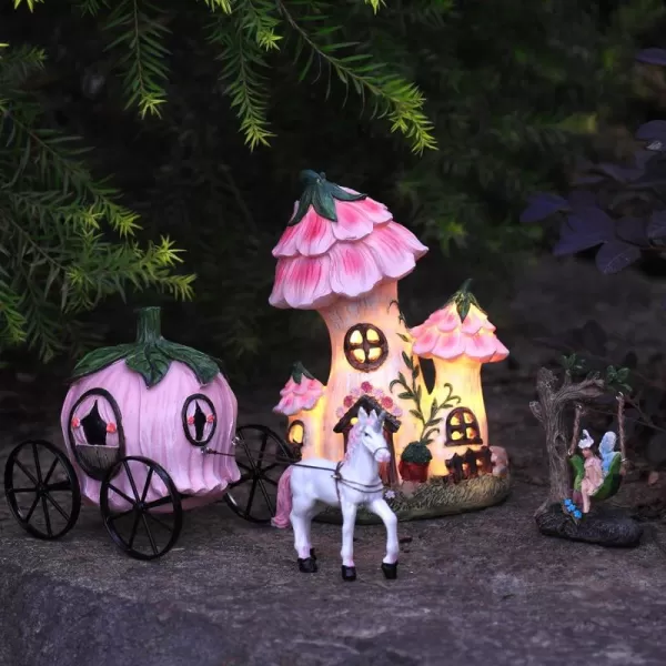LA JOLIE MUSE Resin Fairy Garden - Miniature Floral Roof Cottage with Solar LED Lights, Fairy House Figurine Set of 3 with Carriage, Outdoor Decor for Patio Yard Lawn, for Mom