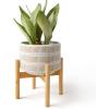 imageLA JOLIE MUSE Ceramic Plant Pot with Wood Stand  73 Inch Modern Round Decorative Flower Pot Indoor with Wood Planter Holder Beige and WhiteL Beige and White