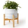 imageLA JOLIE MUSE Ceramic Plant Pot with Wood Stand  73 Inch Modern Round Decorative Flower Pot Indoor with Wood Planter Holder Beige and WhiteL Blue
