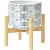 imageLA JOLIE MUSE Ceramic Plant Pot with Wood Stand  73 Inch Modern Round Decorative Flower Pot Indoor with Wood Planter Holder Beige and WhiteL Blue