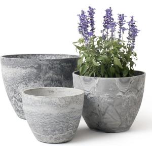 imageLA JOLIE MUSE 14211386 Inch PlantersSet of 3 IndoorOutdoor Round PlantersGrey Tree PlantersPlant Container with Drain HolesFlower Pots for Patio and Deck14211386 Marble Pattern