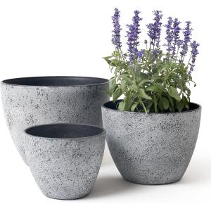 imageLA JOLIE MUSE 14211386 Inch PlantersSet of 3 IndoorOutdoor Round PlantersGrey Tree PlantersPlant Container with Drain HolesFlower Pots for Patio and Deck14211386 Rock Gray