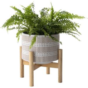 imageLA JOLIE MUSE Ceramic Plant Pot with Wood Stand  73 Inch Modern Round Decorative Flower Pot Indoor with Wood Planter Holder Beige and WhiteL Beige and White