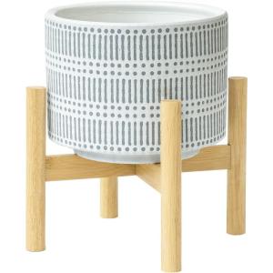 imageLA JOLIE MUSE Ceramic Plant Pot with Wood Stand  73 Inch Modern Round Decorative Flower Pot Indoor with Wood Planter Holder Beige and WhiteL Blue