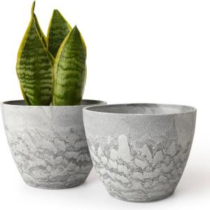 imageLA JOLIE MUSE Flower Pots Outdoor Garden Planters Indoor Plant Pots with Drainage Holes Plastic Marble Pattern Grey Set 2 86  75 InchMarble Grey
