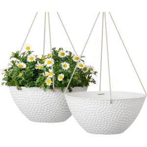 imageLA JOLIE MUSE Hanging Planters for Outdoor Plants Large Hanging Planter with Drain Holes Outdoor Hanging Flower Pots White Stone Honeycomb 132 Inch Set of 2White
