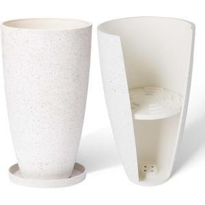 imageLA Jolie Muse 20 Inch Tall White PlantersSet of 2 IndoorOutdoor Tall Planters with Shelf Insert and TraysModern Large Flower Pot for Front Front Door Patio and DeckSpeckled White