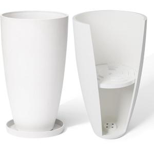 imageLA Jolie Muse 20 Inch Tall White PlantersSet of 2 IndoorOutdoor Tall Planters with Shelf Insert and TraysModern Large Flower Pot for Front Front Door Patio and DeckWhite