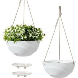 image10 Inch Hanging Planters for Indoor Plants Outdoor Garden Planter Pots with SelfWatering Tray Oatmeal Set of 2Eggshell White