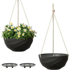 image10 Inch Hanging Planters for Indoor Plants Outdoor Garden Planter Pots with SelfWatering Tray Oatmeal Set of 2Jet Black