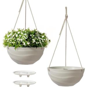image10 Inch Hanging Planters for Indoor Plants Outdoor Garden Planter Pots with SelfWatering Tray Oatmeal Set of 2Oatmeal