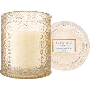 imageLA JOLIE MUSE Scented Candle Scented Candles for Home Linen Scented Candle 6 oz 40 Hour Burn Time Candle Gifts for Women ampamp MenVanilla Bomb