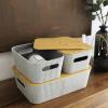 imageLA JOLIE MUSE Modern Storage Basket with Bamboo Lids Decorative Stackable Basket Container for Shelves Table Bookcase Office Organizing MidCentury Storage Organizer Bins Set of 3 Light Gray