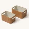 imageLA JOLIE MUSE Storage Baskets for Organizing 2 Pack Storage Cube Boxes Luxury Brown Vegan Leather and Beige Greige Fabric for Closet Shelf Cabinet BookcaseCamel